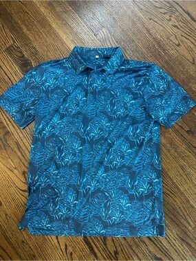 Men's Blue Tropical Print Polo Shirt New